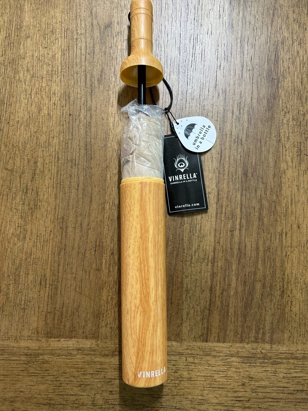 NWT Vinrella Umbrella in a Bottle with Light Wood Case - Natural Wood Tone - Picture 2 of 2